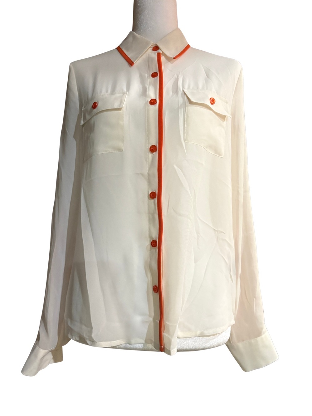 Ivory Orange Contrast Trim Button Down Blouse Roll Tab Sleeve S